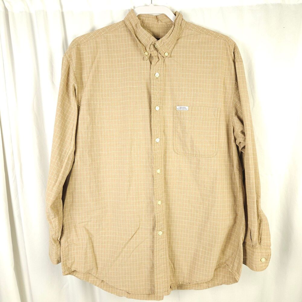 VTG Chaps Ralph Lauren Brown White Windowpane Plaid‎ Cotton Shirt Men's Large